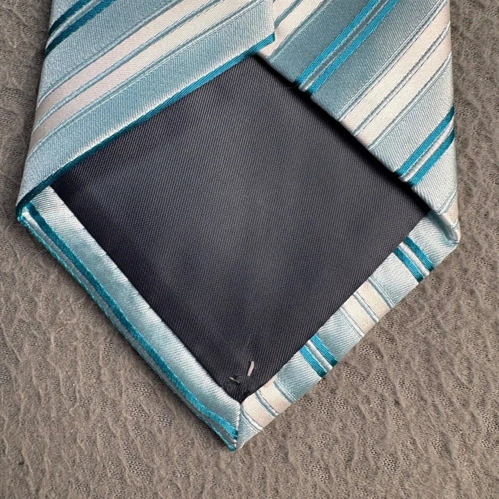 Stafford Essentials Mens Blue Teal White Diagonal Striped Polyester Necktie